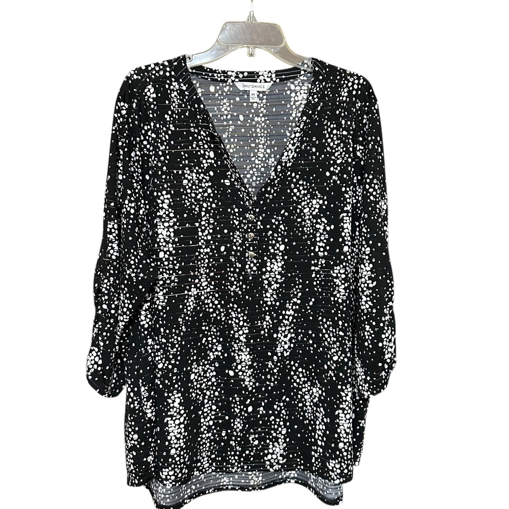 EMILY DANIELS Sheer Striped‎ Black White Speckle Print V-Neck Tunic Top 3X